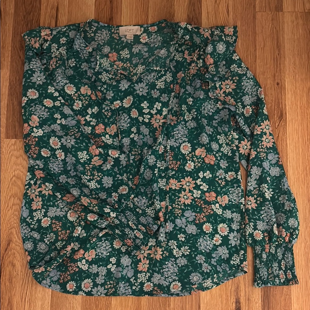 LOFT Floral Ruched Long Sleeve Blouse in Green and Pink